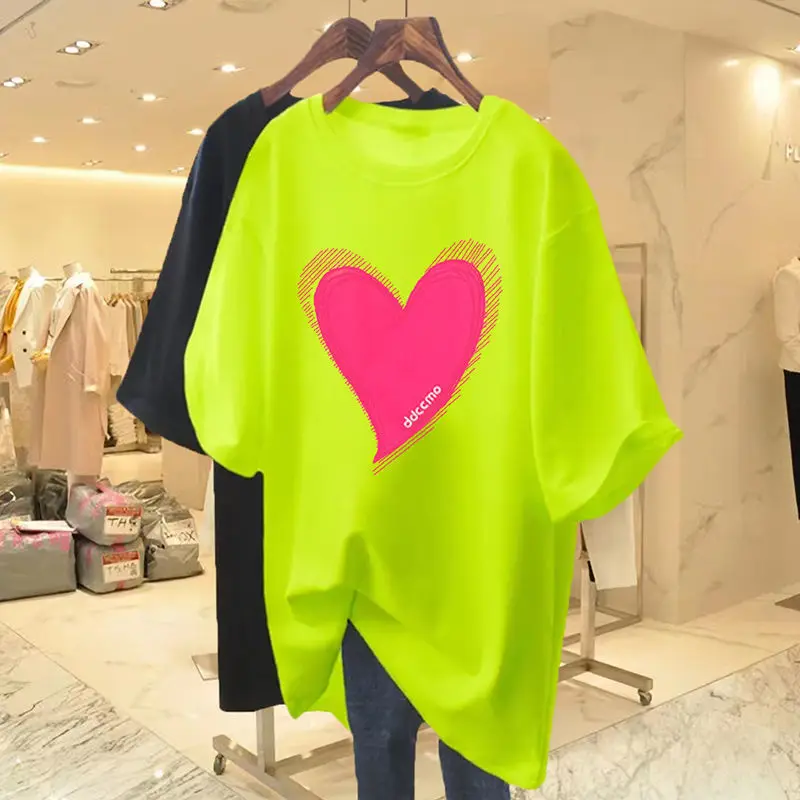 Women Clothing Pure Cotton O-neck Short Sleeve Tshirt Summer Casual Fashion Love Printing Basic Top Tee Oversized Pullover M-6XL