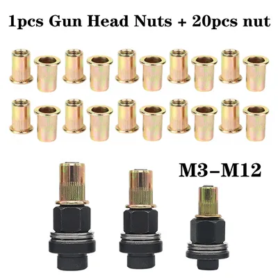 Hand Rivet Nut Gun Head Nuts Riveter Tool M3 M4 M5 M6 M8 M10 M12 For Rivet Nut Gun Riveting Riveter Tool with 20 pcs Steel nuts