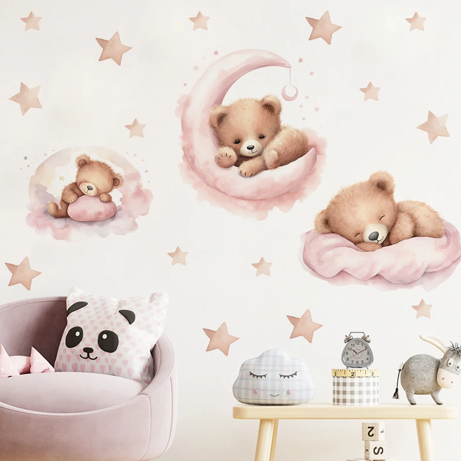 Rosa Cartoon Teddybär Mond Wandaufkleber für Kinderzimmer Baby Kinderzimmer Dekor Aufkleber Junge Mädchen Schlafzimmer Babyzimmer Wandtattoos