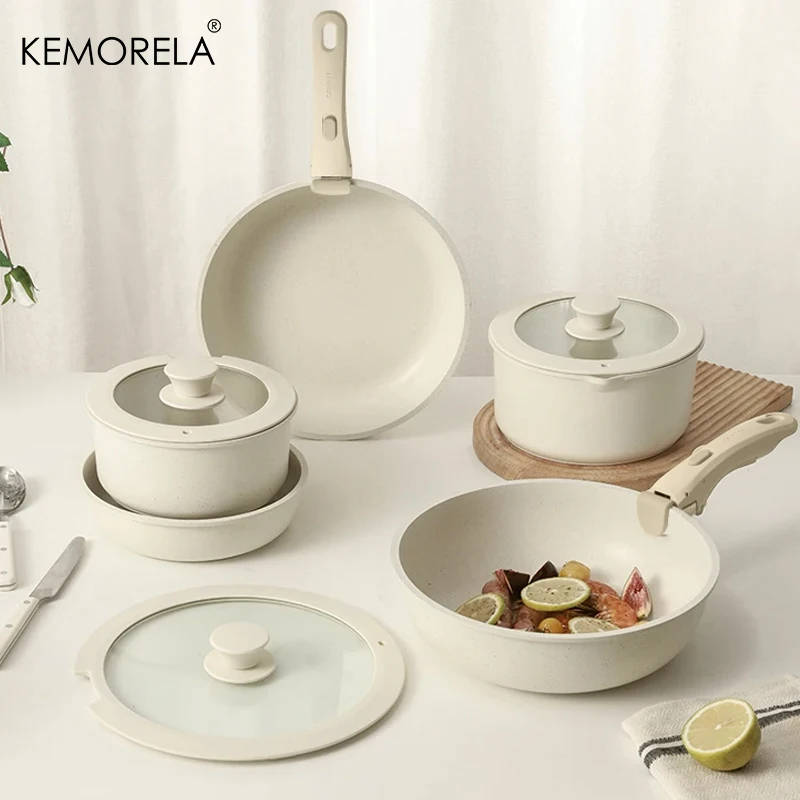 6 Stück Töpfe und Pfannen Set Antihaft abnehmbarer Griff Kochgeschirr Induktion Küche Kochgeschirr Set mit 2 Griffen Geschirrs püler Backofen sicher Image