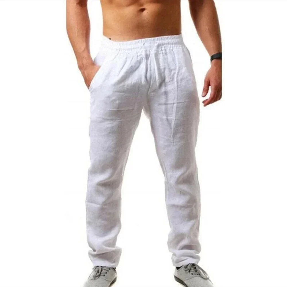 Herren Leinenhose Baumwolle Leinen Lange Hose Sommer Lässige Lose Kordelzug Yoga Strandhose Atmungsaktive Jogginghose mit elastischer Taille Image