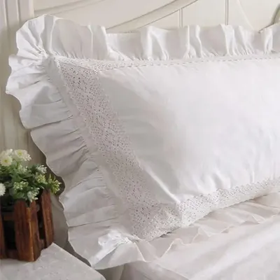 2-teiliger weißer Satin-Spitzen-Rüschen-Kissenbezug im europäischen Stil, eleganter bestickter Image