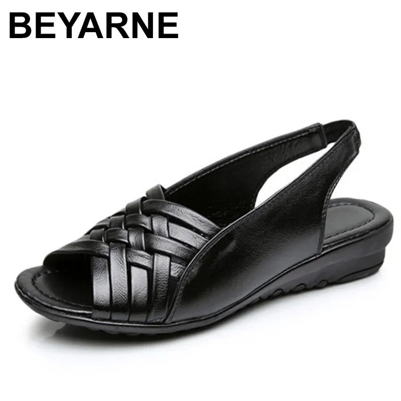 BEYARNE Sommer Frauen Schuhe Frau Echtem Leder Flache Sandalen Offene spitze Mutter Keile Casual Sandalen Frauen Sandalen Schwarz Große Größe