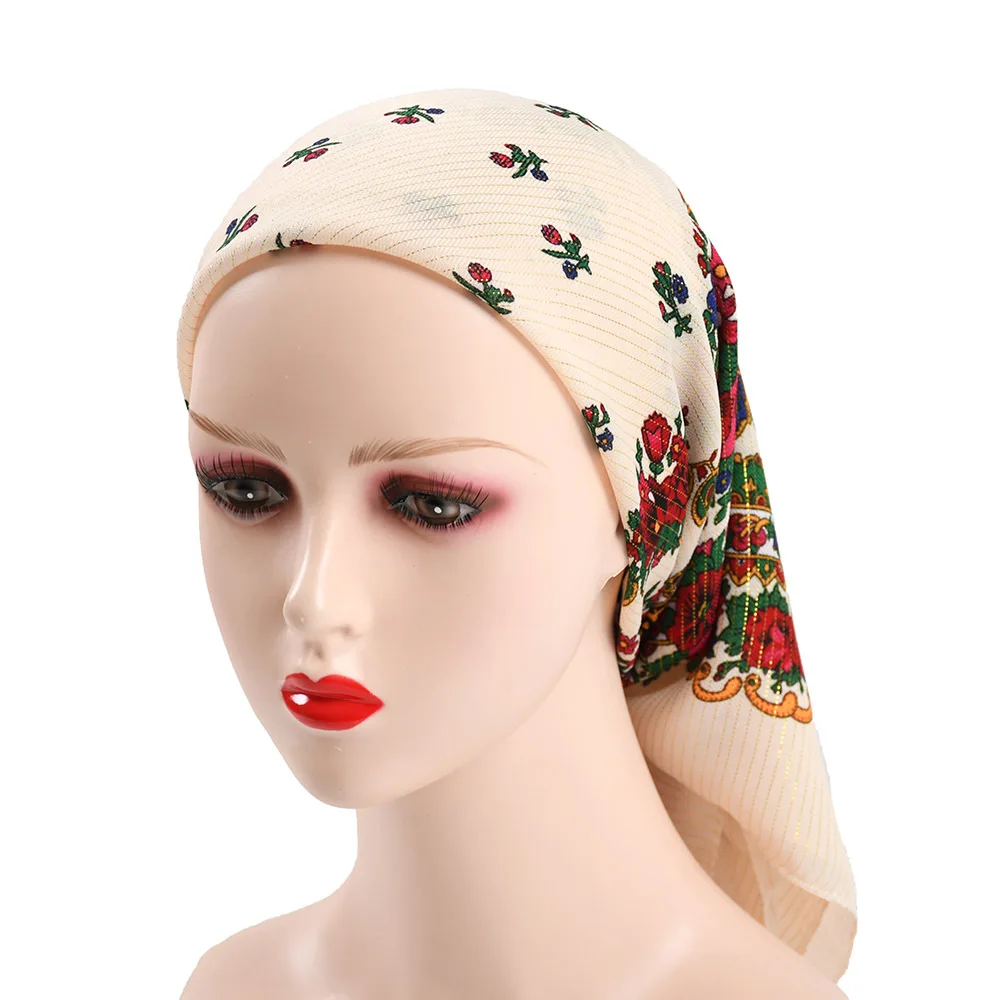 85*85 cm Retro Floral Print Platz Hijab Kopf Schal Frauen Goldene Faden Stirnband Schals Weibliche Bandana Haar Wraps Image