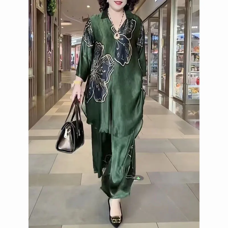 Sommer Weibliche Mode Große Größe Zwei Stück Set 2024 Frauen High-end Sieben Punkte Hülse Hose Set Mittleren alters Mom Lose Fit Outfit Image