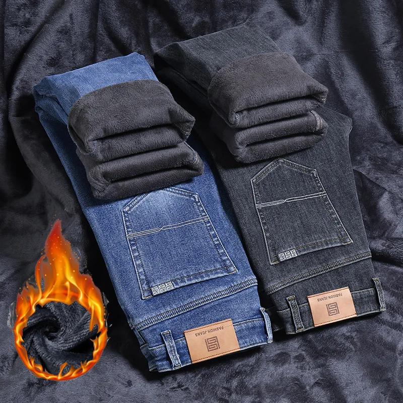 Winter lässig Männer warmes Fleece gerade Jeans klassischen Stil plus Größe Jeans hose blau Plüsch Baggy Pants männliche Marken kleidung