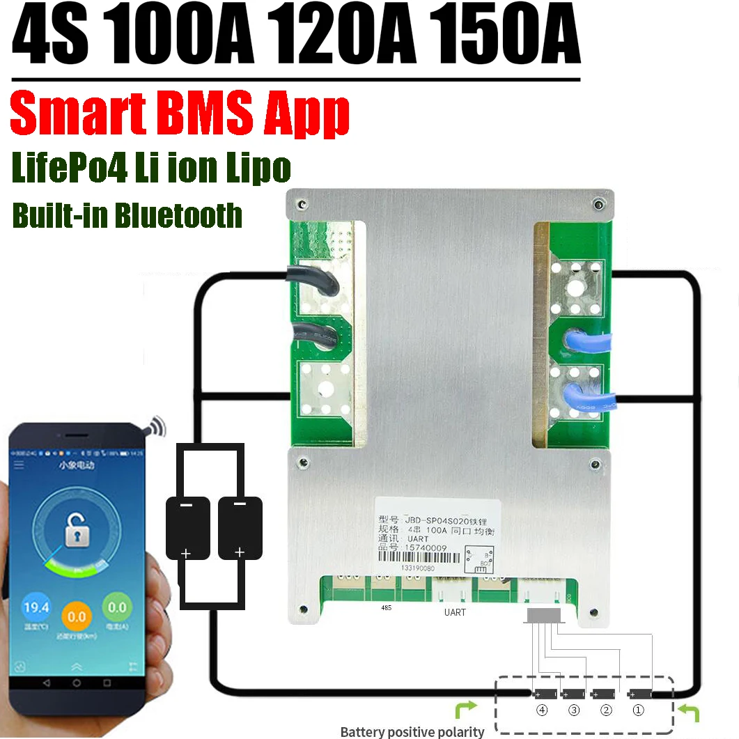 Smart Bluetooth 4S 100A 120A 150A 12V LifePo4 Li-Ion Lithium Batterie Schutz Bord BMS Balance Rv energie speicher start Image