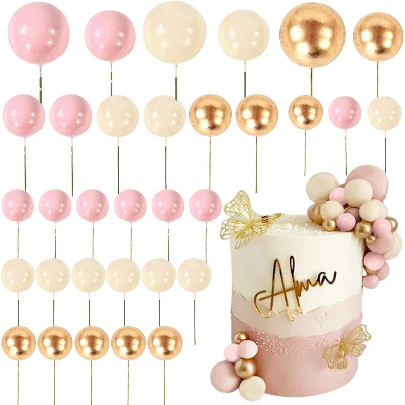 32 Teile/satz Ball Kuchen Topper Rosa Gold Perle Kugeln Cupcake Topper Flaggen für Kinder Geburtstag Party Hochzeit Dekorationen Baby Dusche Image