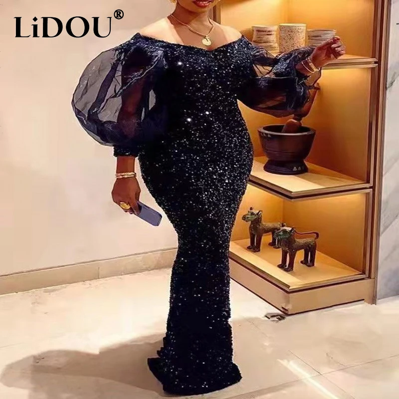 Herbst Winter Pailletten Sexy Mode Chic Maxi Plus größe Kleid Puff Langarm Slim Fit Bleistift Kleider Elegante Vestidos De fiesta