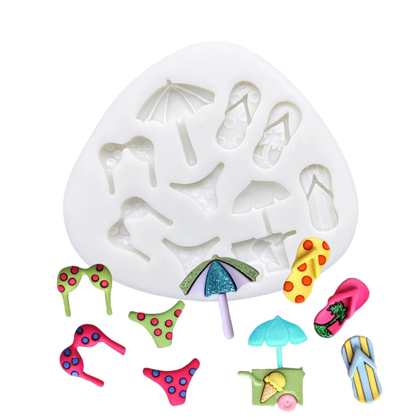 Bikini-Slipper Sonnenschirm Strand Silikon-Form für Zuckerguss Schokolade Cupcake Backen Fondant Kuchen-Dekorationswerkzeuge Image
