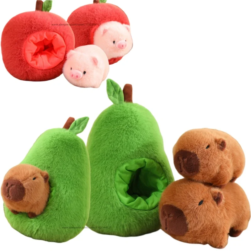 Entzückendes Capybara im Avocado-Plüschtier, weiches, flauschiges Plüschschwein, Versteck im Apfel, Plüsch-Capibara-Spielzeug, Wurfkissen, Geburtstagsgeschenk, Weihnachten Image