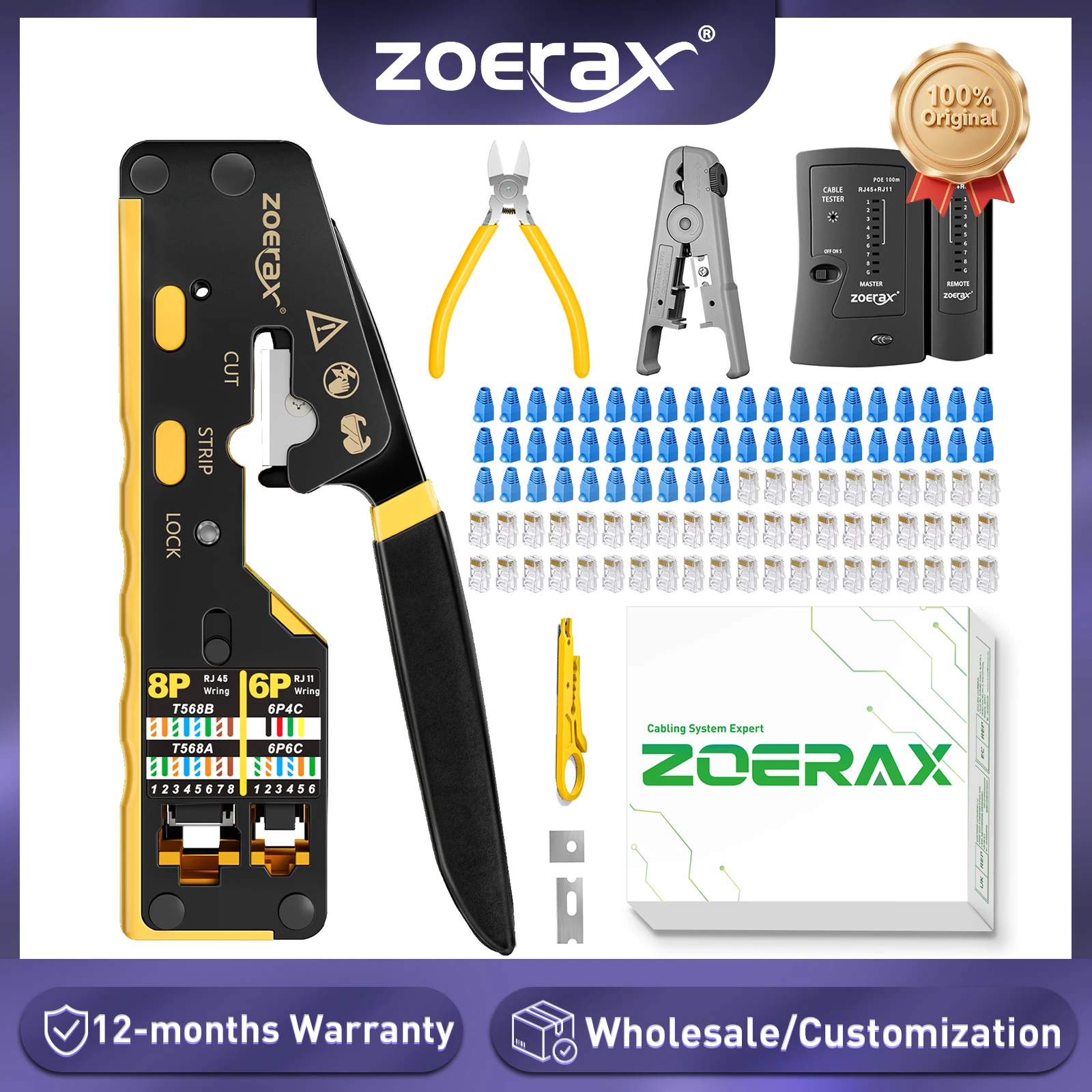 ZoeRax RJ45 CAT6 CAT5E Netzwerk-Tool-Kit, Crimper, Kabeltester, Drahtschneider, Klingen, 50 Stück CAT6 CAT5-Stecker und Steckerabdeckungen Image