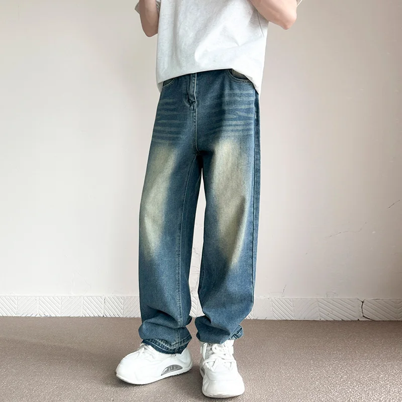 Streetwear Vintage blau breite Jeans Männer koreanische Mode gewaschen Freizeit hose männlich gerade Persönlichkeit Baggy Denim Hosen