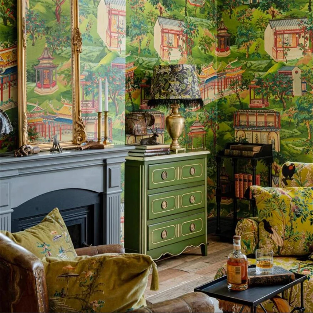 Benutzer definierte südöstliche Tapete für Wohnzimmer Wandt uch Yellowstone Park rot Sandelholz Pavillon Landschaft 3d Tapete Wandt uch Image