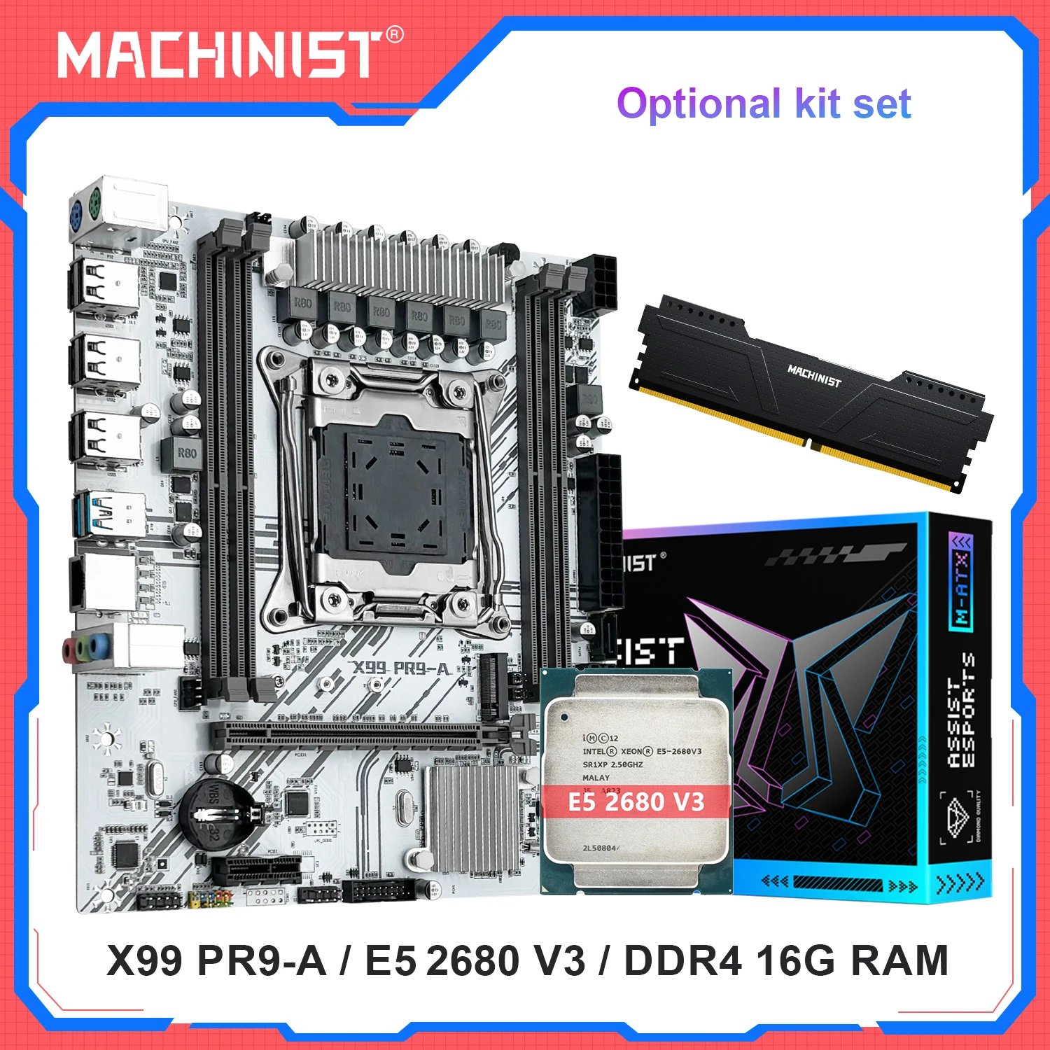MACHINIST X99 PR9-A Motherboard Optionales Intel Xeon E5 2680 V3 CPU LGA 2011-3 und DDR4 16 GB 2400 MHz RAM Kit-Set USB 3.0 Image