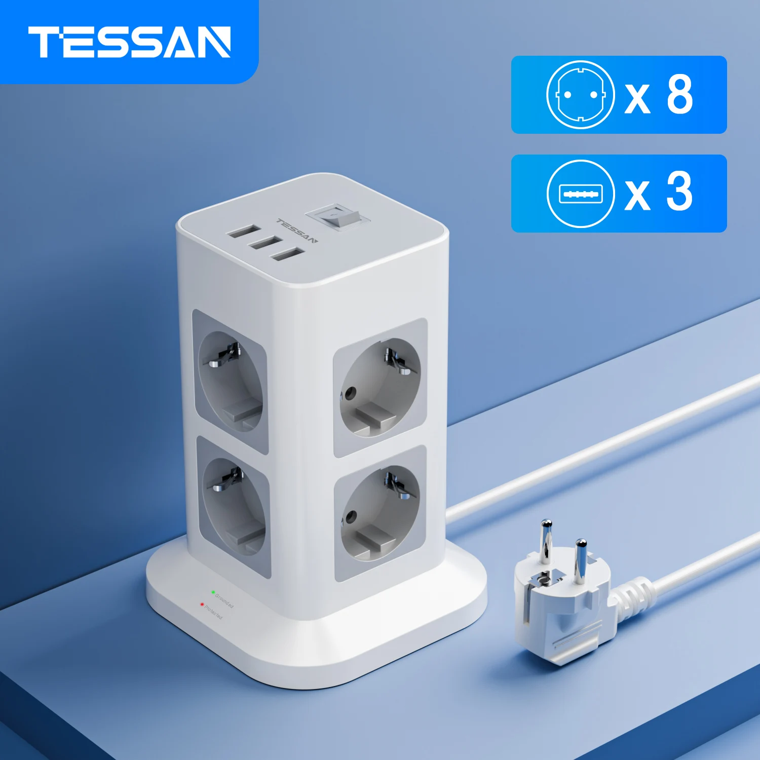 TESSAN Tower Steckdosenleiste, mehrere Steckdosen mit USB, 2 m Verlängerungskabel, EU-Stecker, vertikale Steckdose, Überspannungsschutz für Zuhause Image