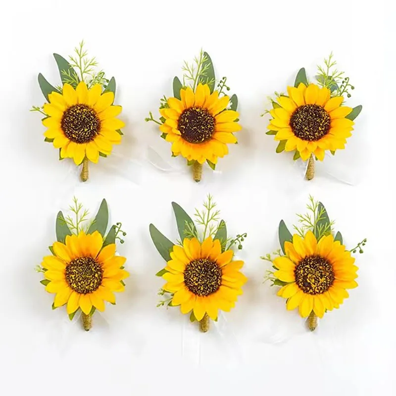6PCS Sonnenblumen Hochzeit Handgelenk Corsage Und Boutonniere Set Für Braut Brautjungfer Männer Bräutigam Rote Rose Hochzeit Blume Zubehör Image