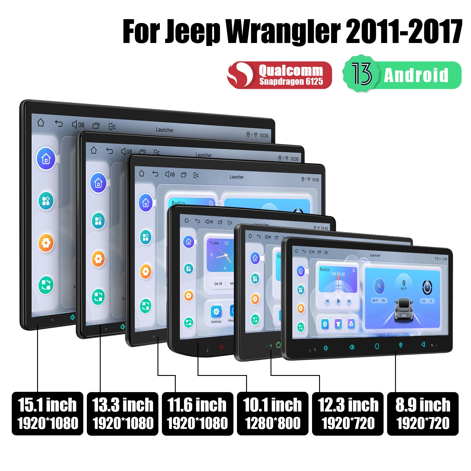 Joying Autoradio für Jeep Wrangler JK 2011–2018, Upgrade Android 13, schwimmender Stereo 8,9 Zoll – 15,1 Zoll HD-Touchscreen-Multimedia-Player Image