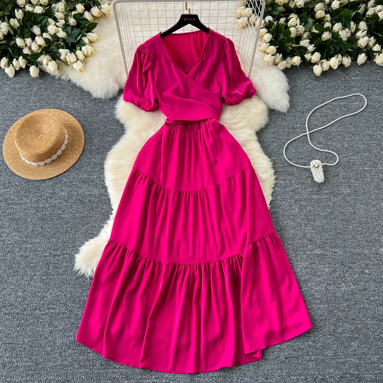 Sommer grün/rot/lila/blau langes Kleid Frauen elegante O-Ausschnitt Kurzarm hohe Taille Urlaub Strand Maxi Robe Vestidos neu