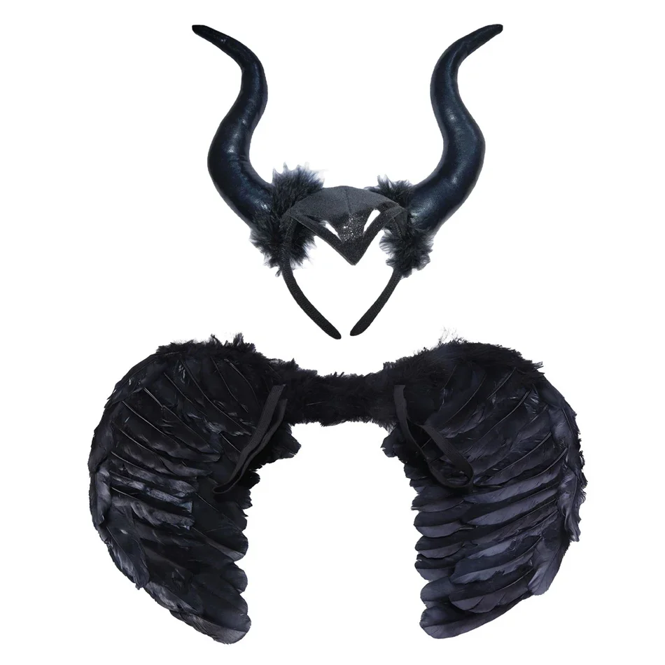 Vintage Flügel Schwarzer Engel Kostüm Hexe Teufel Hörner Haarreifen Set Dekorationen Feder Schwarzer Schwan Cosplay Halooween Zubehör