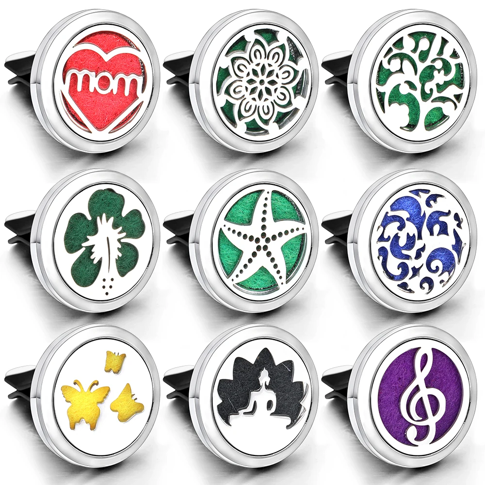 Auto Mehrere Muster Aromatherapie Ätherisches Öl Diffusor Edelstahl 30mm Auto Parfüm Medaillons Lufterfrischer Clip + 1 stücke Pad Image