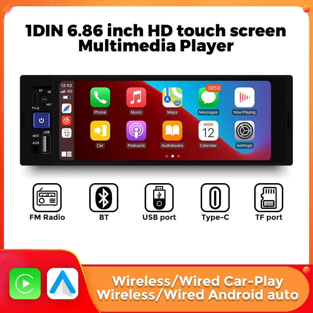6,86 ZOLL Universal 1 DIN Multimedia Video Player Wireless für Carplay Android Auto FM Radio USB Typ-C HD Touchscreen BT SD/TF Image