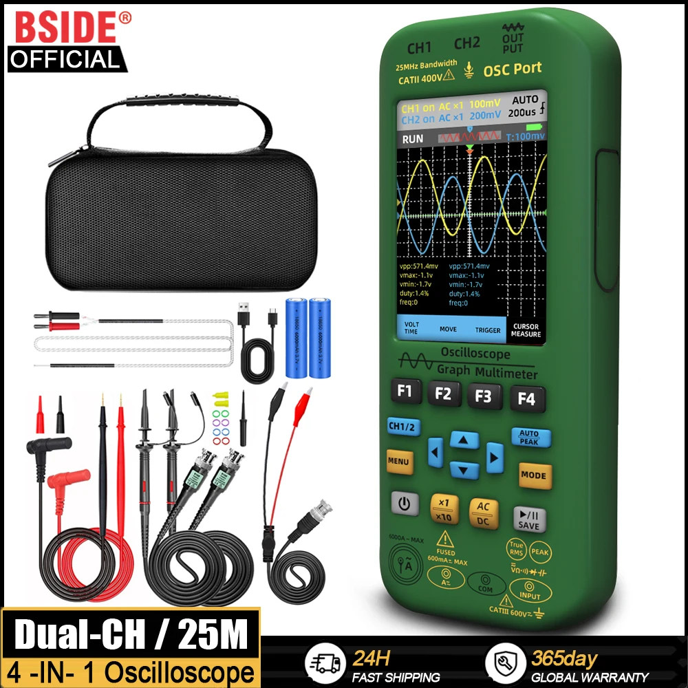 BSIDE Handoszilloskop 3-IN-1 Digitalmultimeter + Funktionssignalgenerator Zweikanal 25 MHz * 2 Vol 6000 A Stromtester Image
