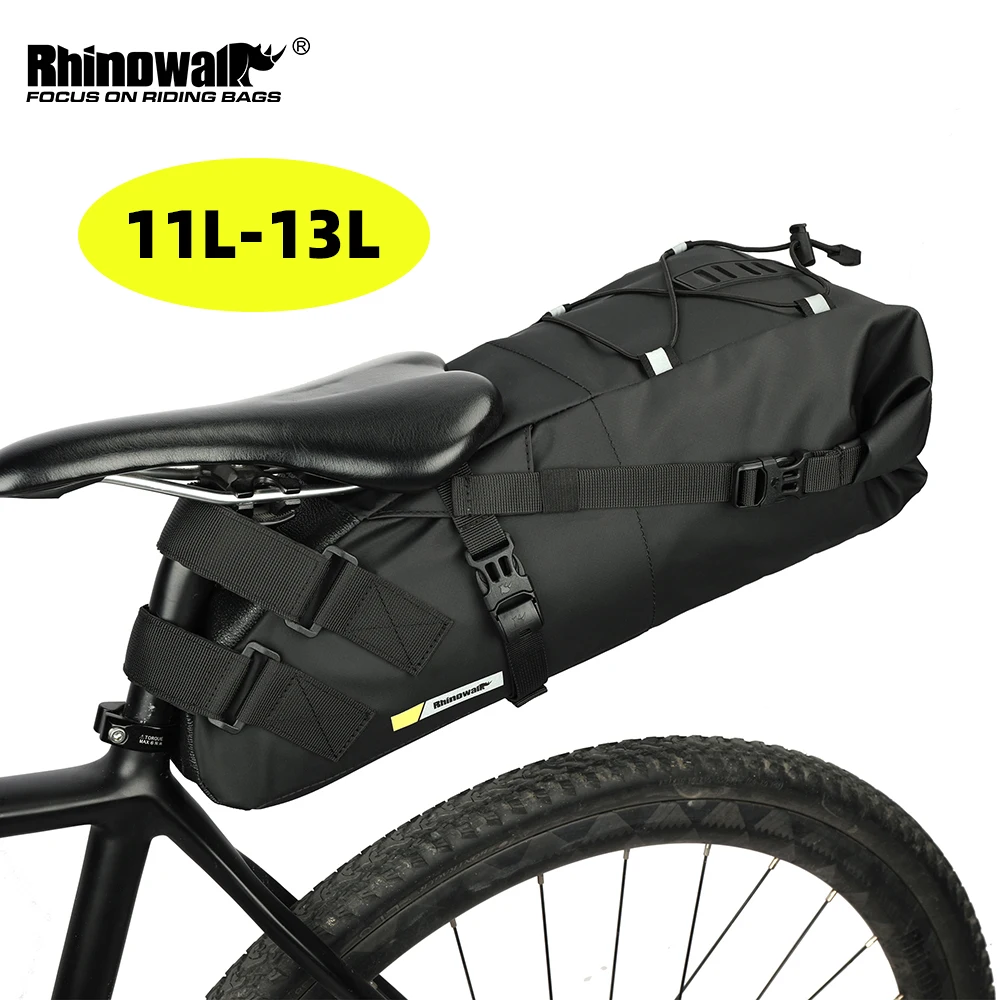 Rhinowalk Fahrrad-Satteltasche, wasserdicht, 5 l–13 l, großes Fassungsvermögen, faltbare Hecktasche, reflektierend, Radfahren, MTB, Kofferraumtasche, Schwarz Image