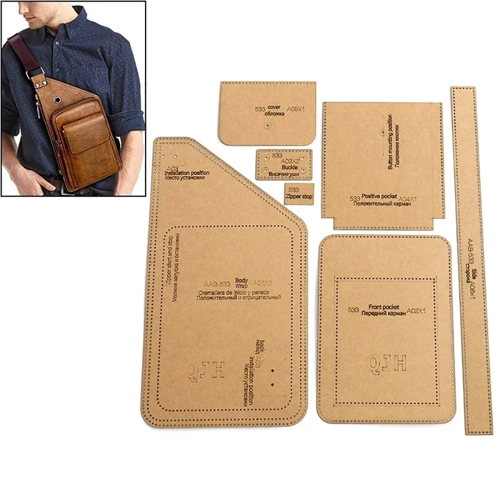 DIY Leder Waren Kraft Papier Vorlage Für Männer Mode Brust Tasche Nähen Muster Handgemachte Schulter Tasche Schneiden Muster Schablone Image