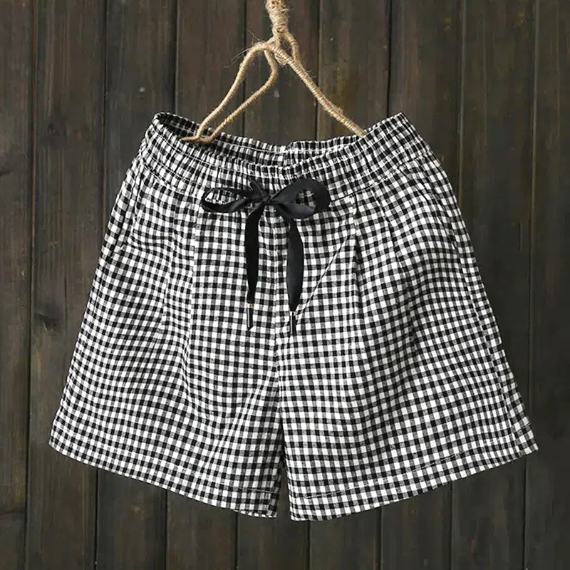 Schwarz karierte Vintage Baumwolle elastische hohe Taille Schnürung lose Damen Shorts koreanische Mode Shorts für Frauen 2024 Frühling Sommer Image
