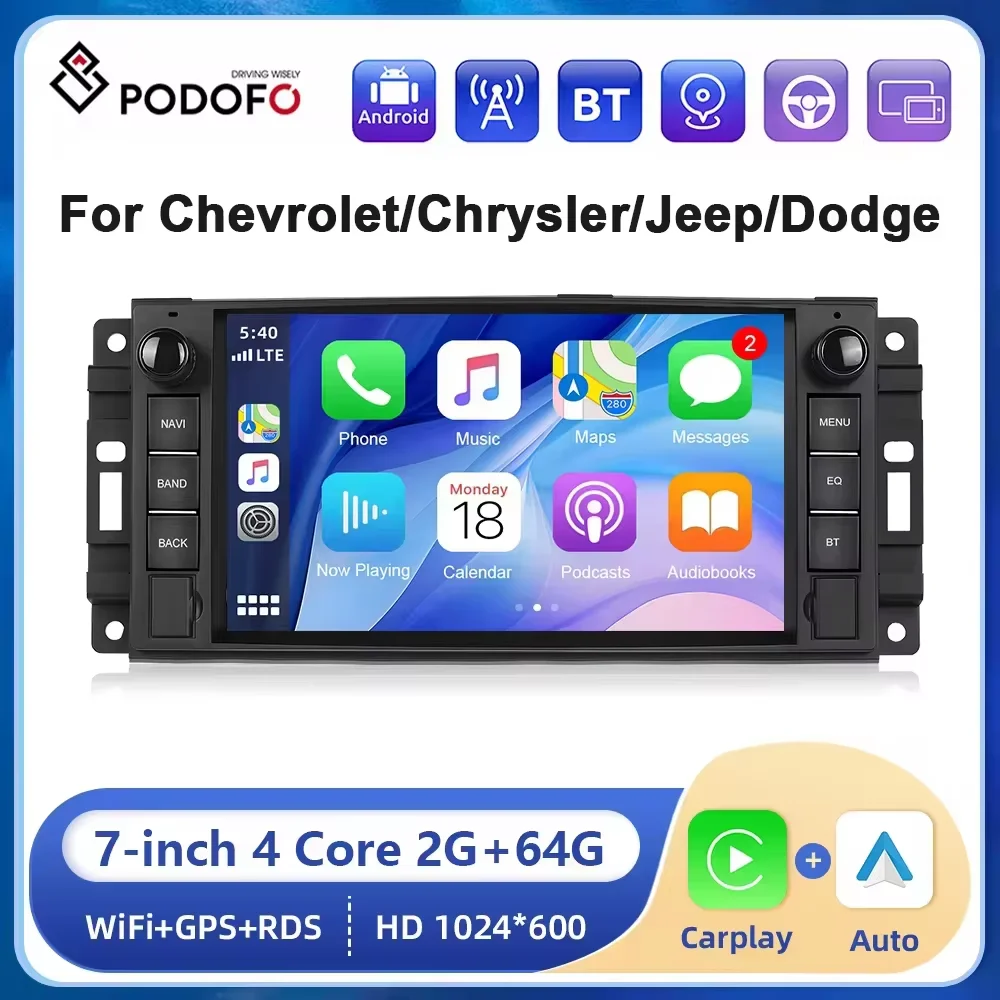 Podofo 2din 7 ”Android Auto Stereo Radio Für Chevrolet Chrysler Jeep Dodge 2 + 64G Carplay Android auto GPS Navigation Bluetooth