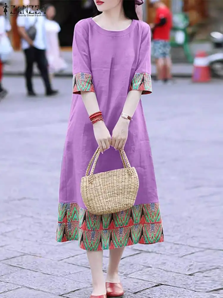 Zanzea Frauen Retro Midi Kleid Mode gedruckt Nähte Sommerkleid 2024 Vintage O-Ausschnitt 3/4 Ärmel Robe Sommerferien Freizeit kleid
