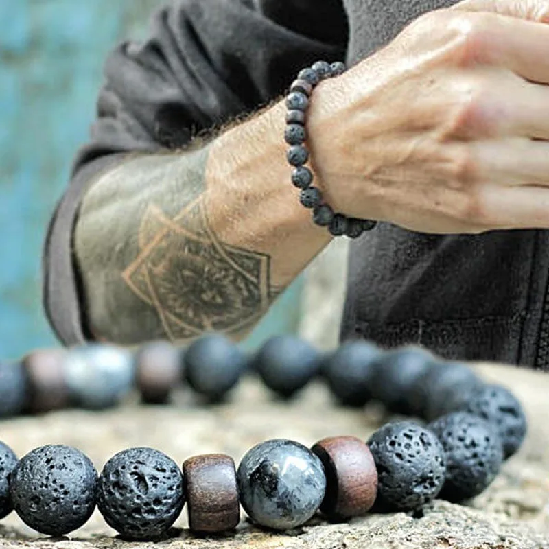 Einzigartiges natürliches Lavastein-Armband für Männer, 8 mm Perlen, Heilstrang-Armband, Pulseria Homme, Meditation, Schmuckzubehör, Joias Image