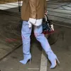 Licht Blau Denim Oberschenkel Hohe Stiefel Frauen Hot Zipper Decor Elegante High Heels Schuhe