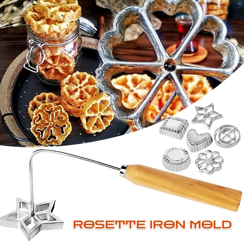 Guss Rosette Eisen Form Set Bunuelos Form mit Griff Timbale Gebäck Werkzeuge Achappam Cookie Maker für die Küche Backen Kochen Image