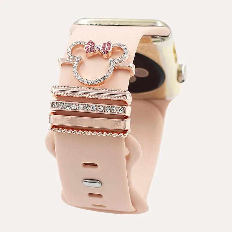 5 Stück Cartoon-Maus-Strass-Armband-Ringschlaufen, niedliche Metall-Uhrenarmband-Charms, Dekorationen, kompatibel mit der IWatch-Serie Image