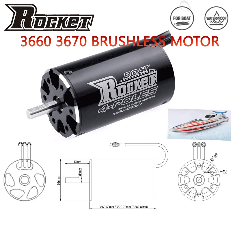 SURPASS HOBBY Rocket-RC 3660 3670 1850KV 2280KV 2600KV 4-poliger bürstenloser sensorloser Motor 5,0 mm Welle für 800–1000 mm RC-Boot