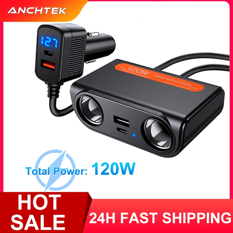 Anchtek 120W Auto Zigarette Leichter Adapter USB Schnelle Ladestecker Splitter Ports Buchse LED Voltmeter Elektrische Auto Zubehör Image
