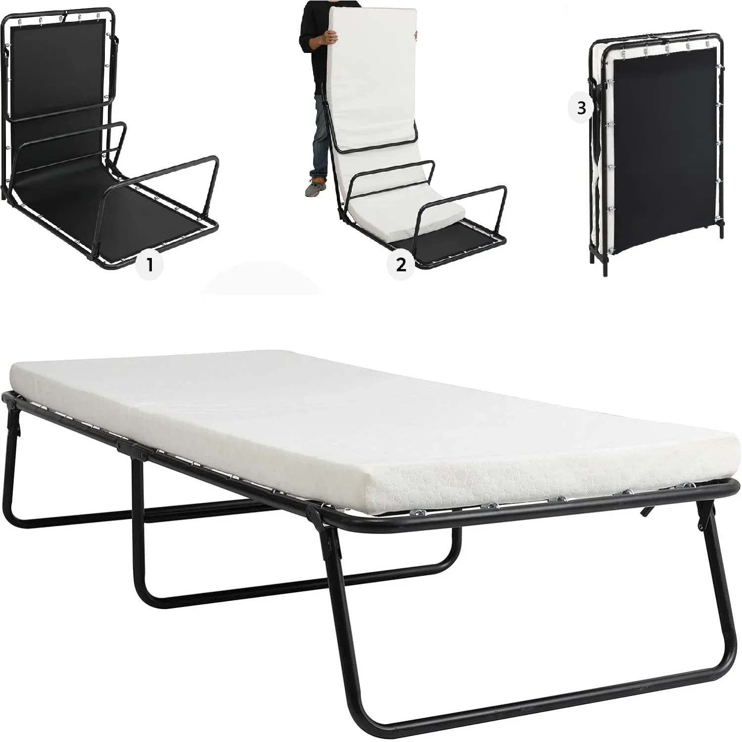 Klappbett, Gästebett für Erwachsene, 80 x 190 cm mit 7 cm dicker Memory-Schaum-Matratze, Einzelbett, klappbares Bett mit tragbarer Matratze