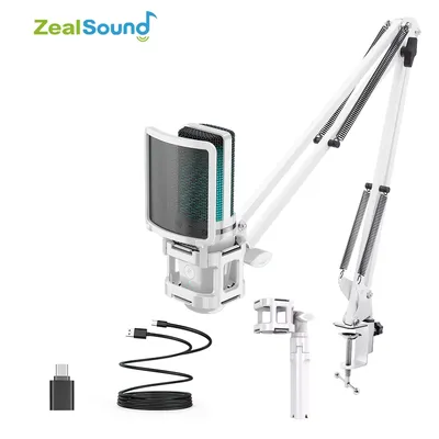 Zealsound RGB USB Gaming Microphone With Articulated Arm,White Computer Condenser Mic For PC Mac