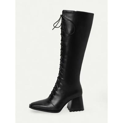 Women's Vintage Black and White Plaid Lace-Up Knee-High Boots with Block Heel for Casual Fall and Winter Fashion