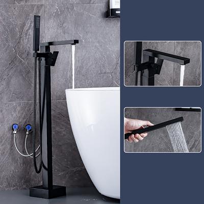 Freestanding Bathtub Faucet, 360° Swivel Spout Floor Mount Standing Tub Filler Single Handle Brass Tap with Hand Shower Sprayer