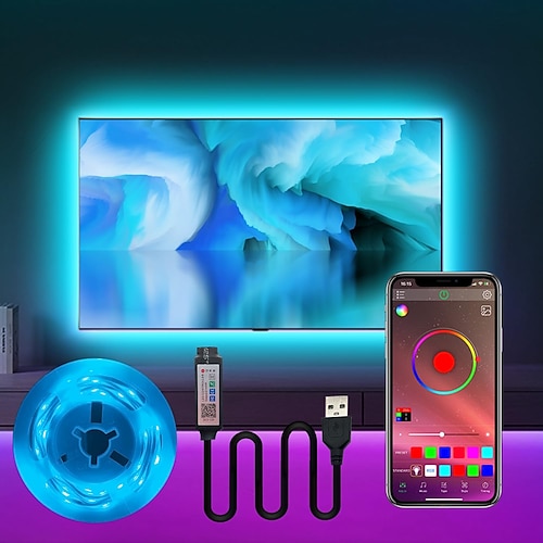LED-TV-Licht 1–5 m/3,28–16 ft USB-TV-LED-Hintergrundbeleuchtung mit Anwendung Bluetooth-LED-Lichtleiste RGB-LED-Lichtleiste Musiksynchronisations-LED-Licht geeignet für Schlafzimmer-TV-Bar-Beleuchtung Image