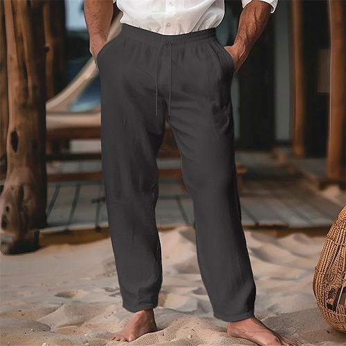Herren Leinenhosen Hose Sommerhose Kordelzug Elastischer Bund Einfach Komfort Weich Volle Länge Party Täglich Strand Mode Einfach Schwarz Weiß Mikroelastisch Image