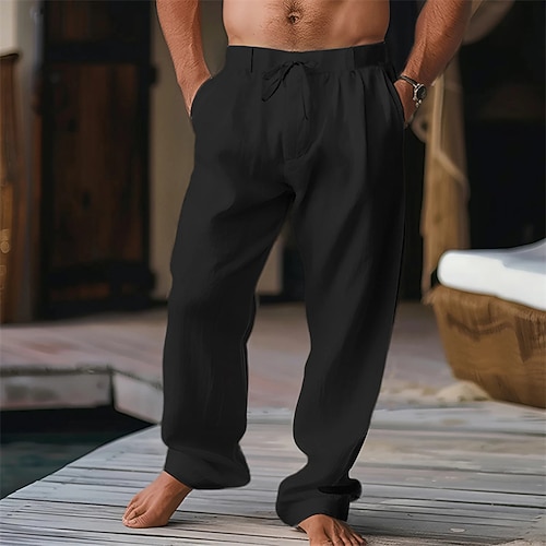 Herren Hose Sommerhose Strandhose Kordelzug Falten Gerader Schnitt Einfach Komfort Atmungsaktiv Lässig Täglich Ferien Mode Klassicher Stil Schwarz Weiß Image