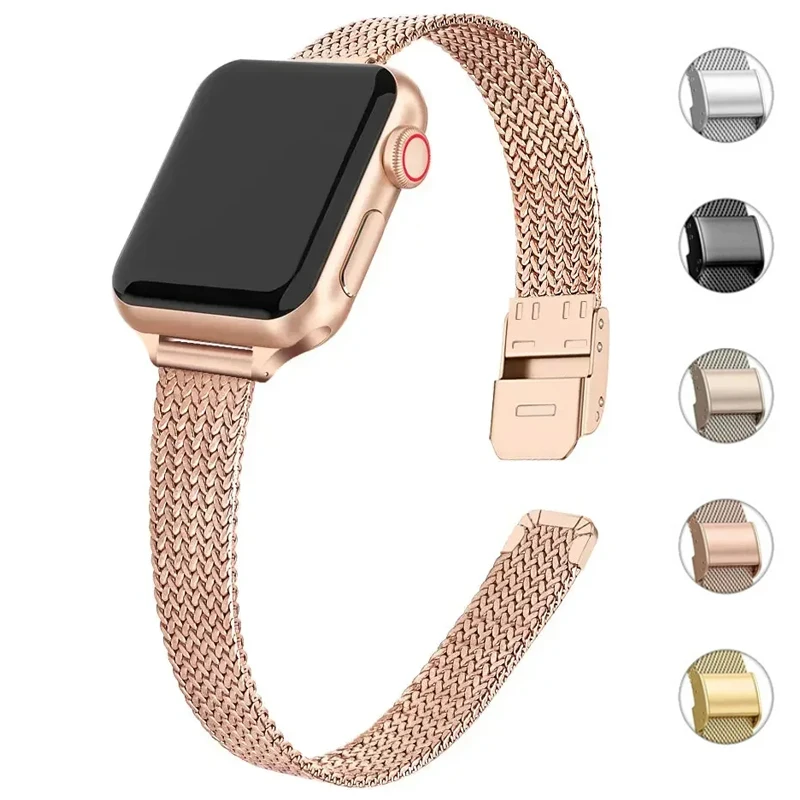 Schlankes Armband mit Metallarmband für Apple Watch 11, 8, 7, 6, SE 5, 4, 3, 38, 40, 41 45, 49 Ultra-Edelstahl-Milanese-Armband für iwatch 42 44 Image