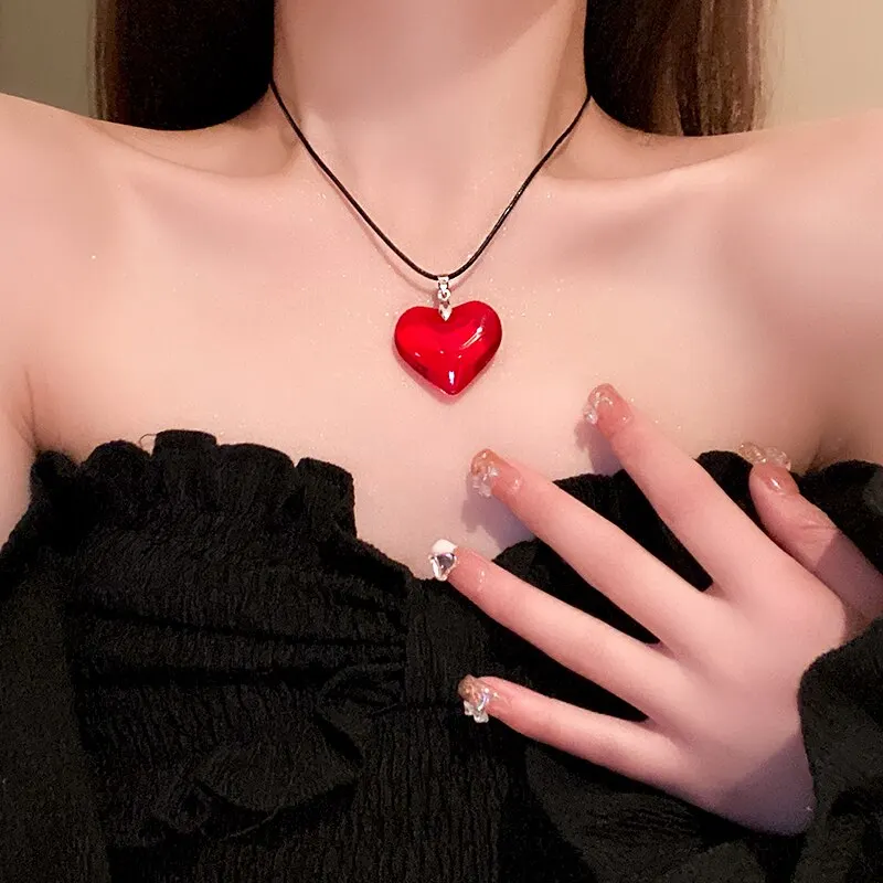 Rote herz anhänger halskette für frauen mädchen glas kristall halskette schwarz leder seil kette y2k schmuck freunde geschenk Image
