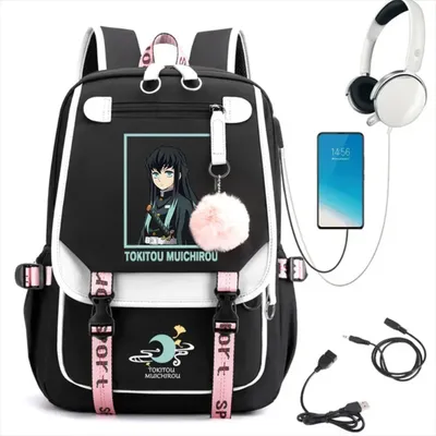 Anime Demon Slayer Tokitou Muichirou Backpack Teenarges Schoolbag USB Laptop Bag Men Women Rucksack