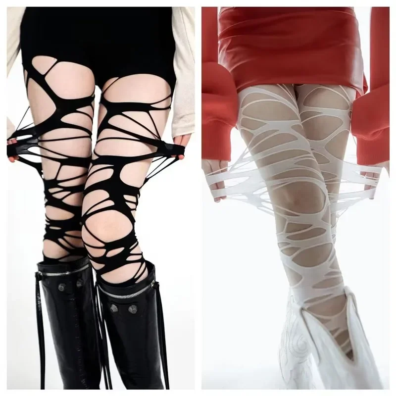 Mode Punk Zerrissene Strap Löcher Strumpfhosen Sexy Lolita Gothic Spinne Web Strümpfe Damen Schwarz Weiß Mesh Weiche Strumpfhosen Hohe Strumpfwaren
