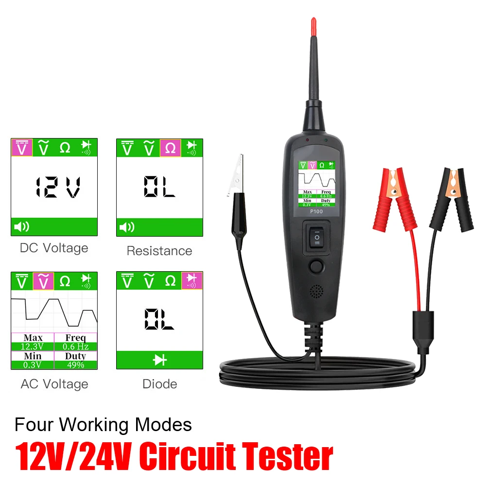 P100 Sonde Stift Auto Tester Batterie Spannung Beständig Test Diagnose Werkzeuge 2M Kabel Lkw Motorrad Automotive Elektrik 12V 24V Image